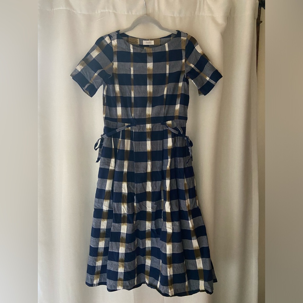 TOAST Blue and White Side Tie Plaid Dress